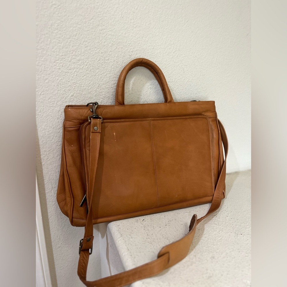 Vintage Leather Briefcase Laptop Workbag Tan Distressed Brown Unisex business